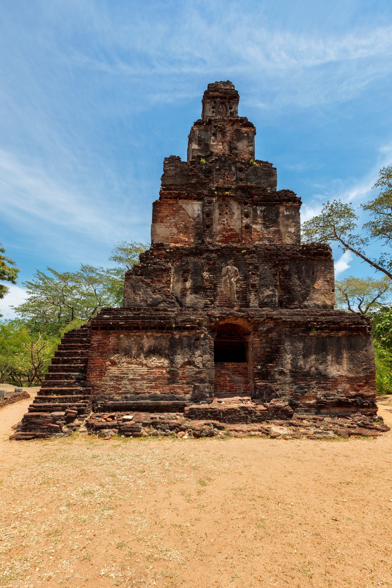Satmahal Prasada tower 12th century step pyramid in Quadrangle, Polonnaruwa, Sri Lanka