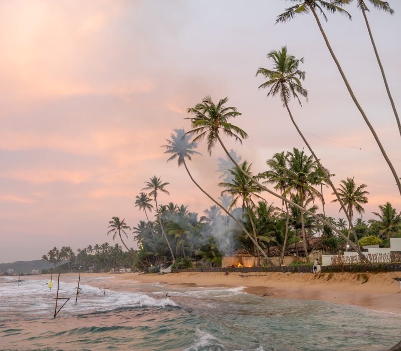 Sunrise with fishermen in Unawatuna, Sri Lanka, beach, palm trees and ocean